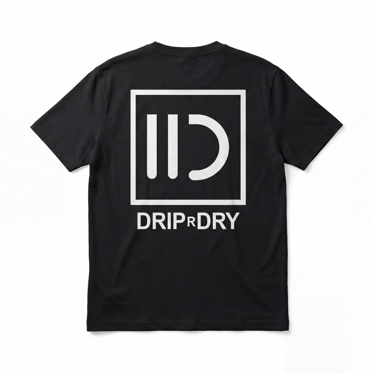 Black t-shirt with 'Drip r Dry' logo on a white background