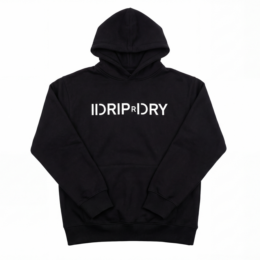 Black hoodie with 'IDDRIPDRY' text on a white background